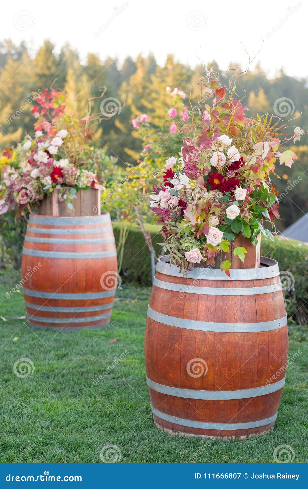 Flowers On Wine Barrel At Wedding Ceremony Stock Image Image Of
