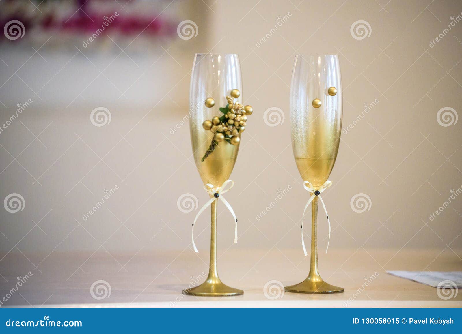 Wedding Champagne Glass Decor on Table during Wedding Ceremony Stock
