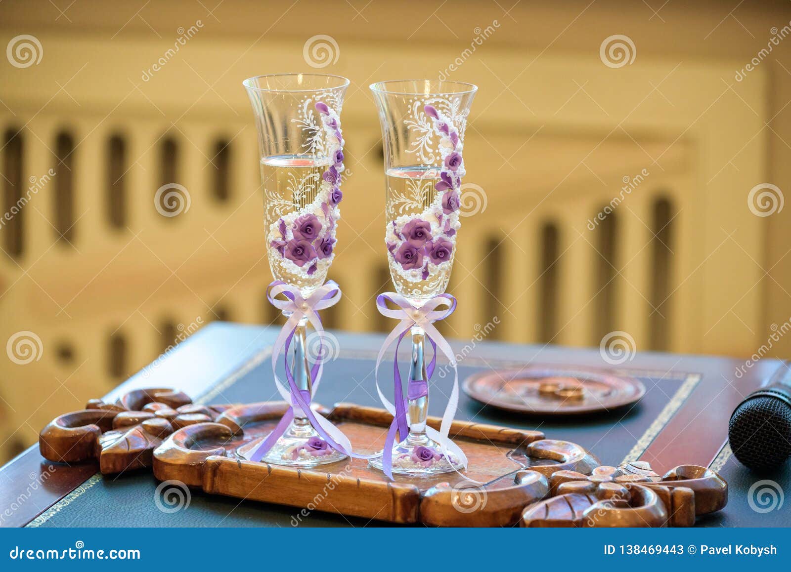 Wedding Champagne Glass Decor on Table during Wedding Stock Image