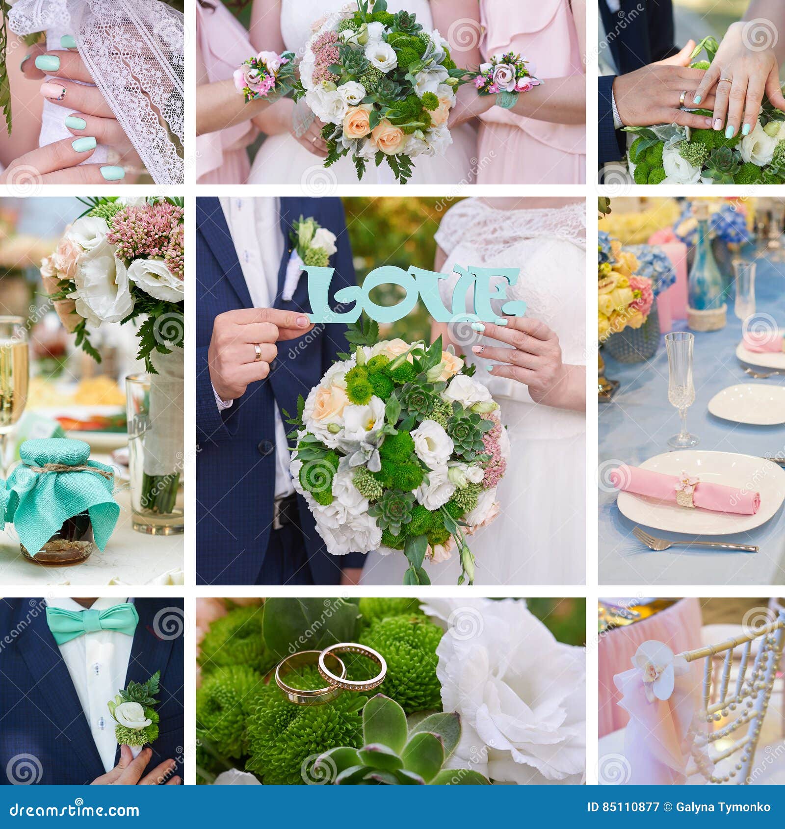 Wedding Collage Bride Groom, Attributes of the Bouquet and Rings Stock