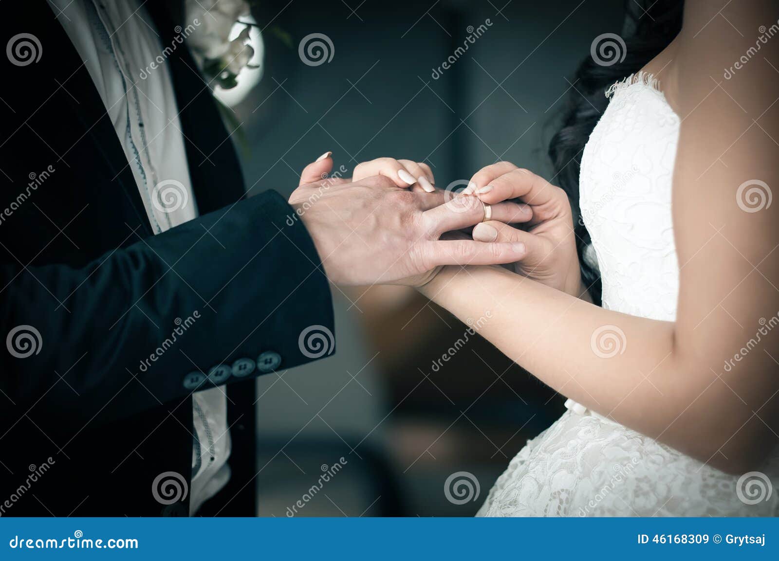 Wedding Couple Bride Puts Ring Groom S Finger 46168309 