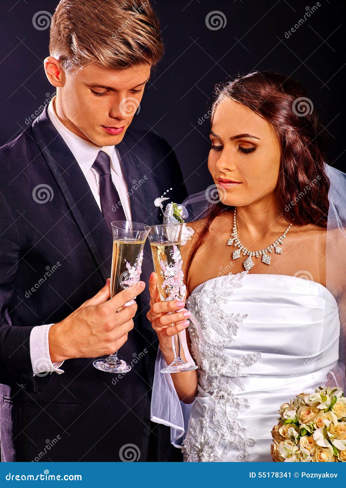 Wedding Couple Drinking Champagne Stock Image Image of bouquet