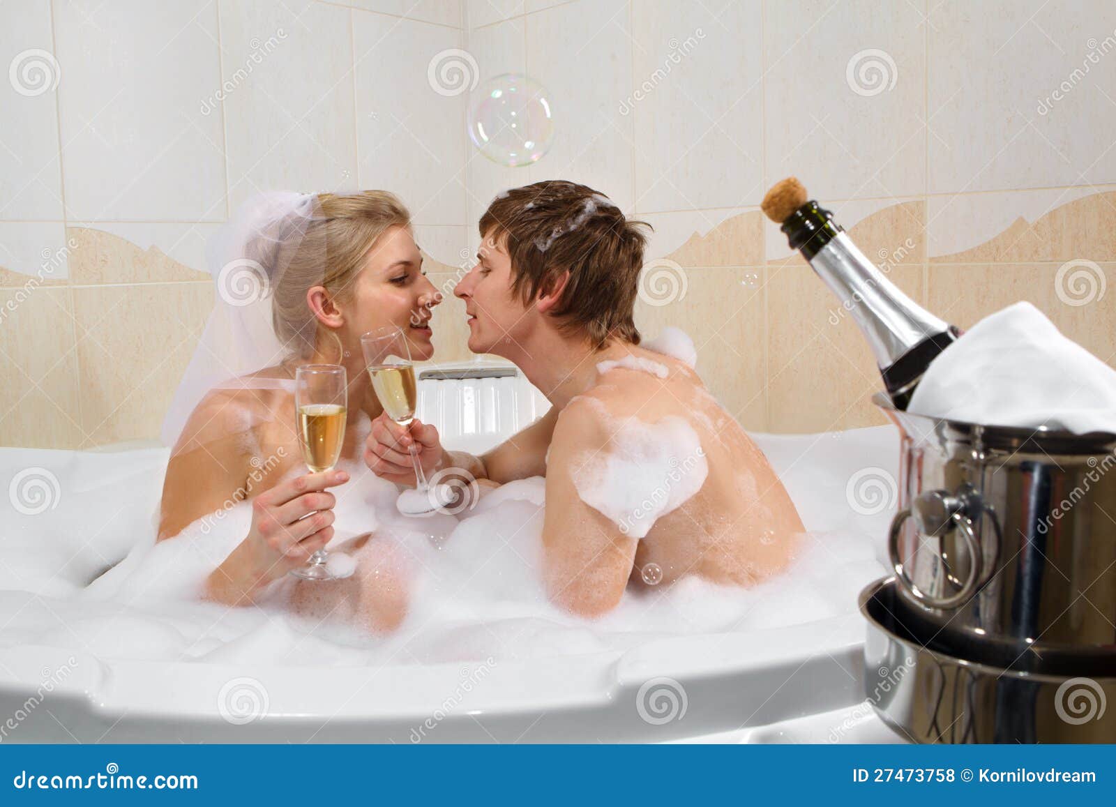 Wedding Couple Is Enjoying A Bath With Bubbles Stock Photo Image Of