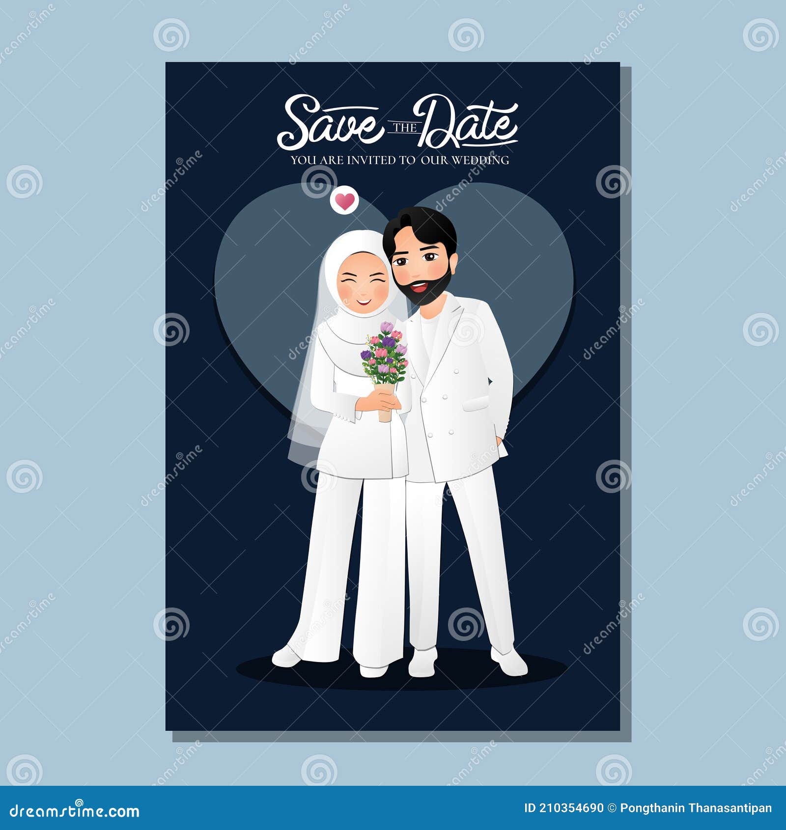 Wedding Invitation Card the Bride and Groom Cute Muslim Couple Cartoon with  Heart Background Stock Vector - Illustration of digital, cartoon: 210354690