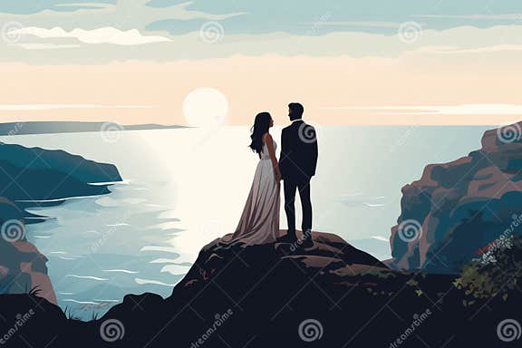Wedding Couple Stands on Cliff by Ocean AI Generated Stock Illustration ...