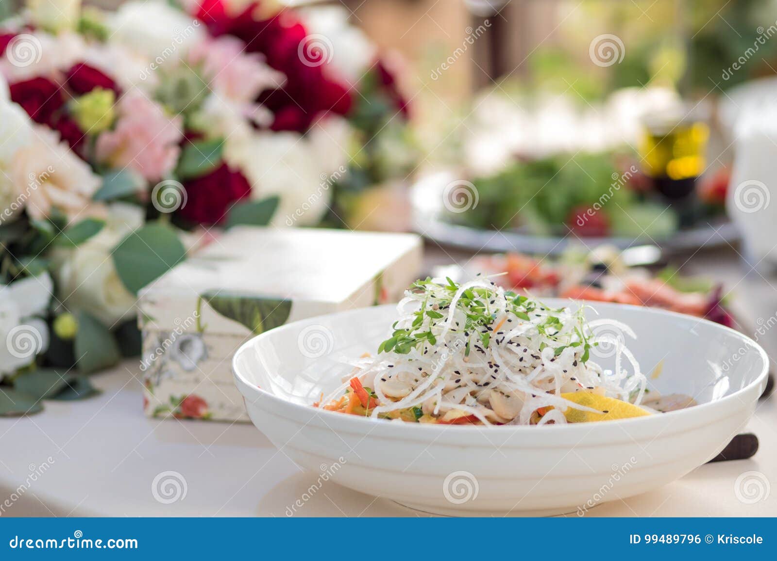 Wedding Decor. Flowers in the Restaurant, Food on the Table Stock Photo