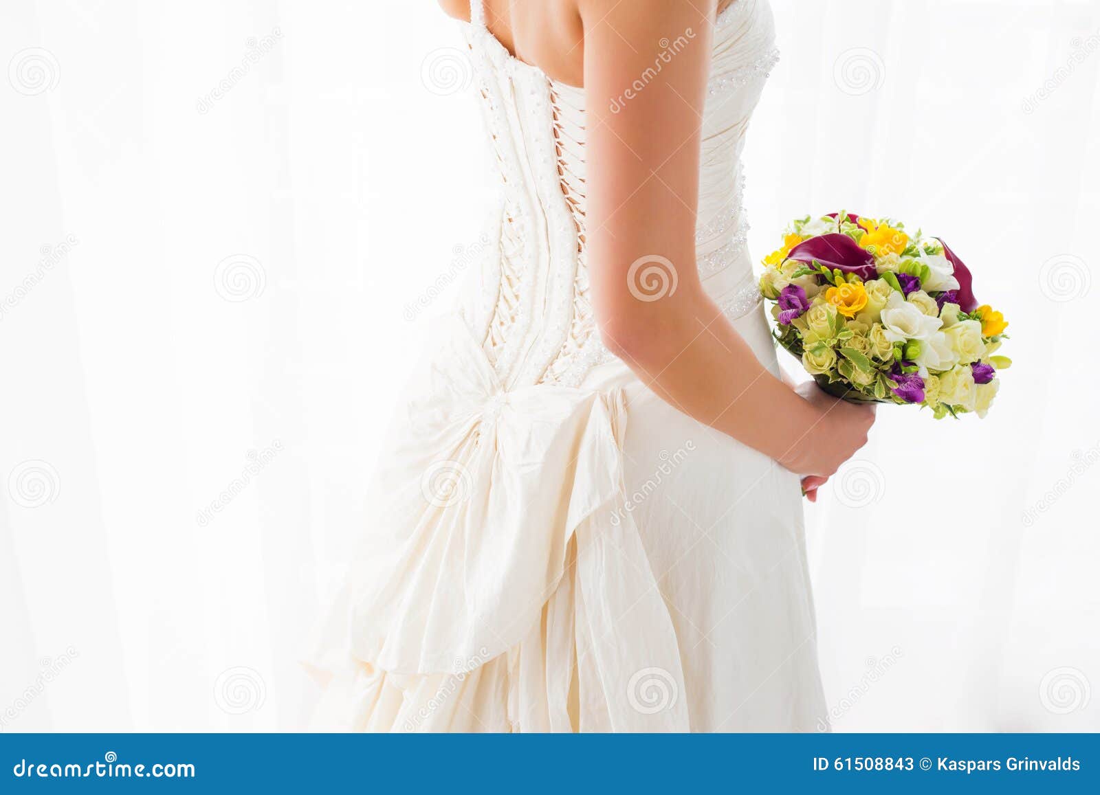 Wedding dress and bouquet stock image. Image of 61508843