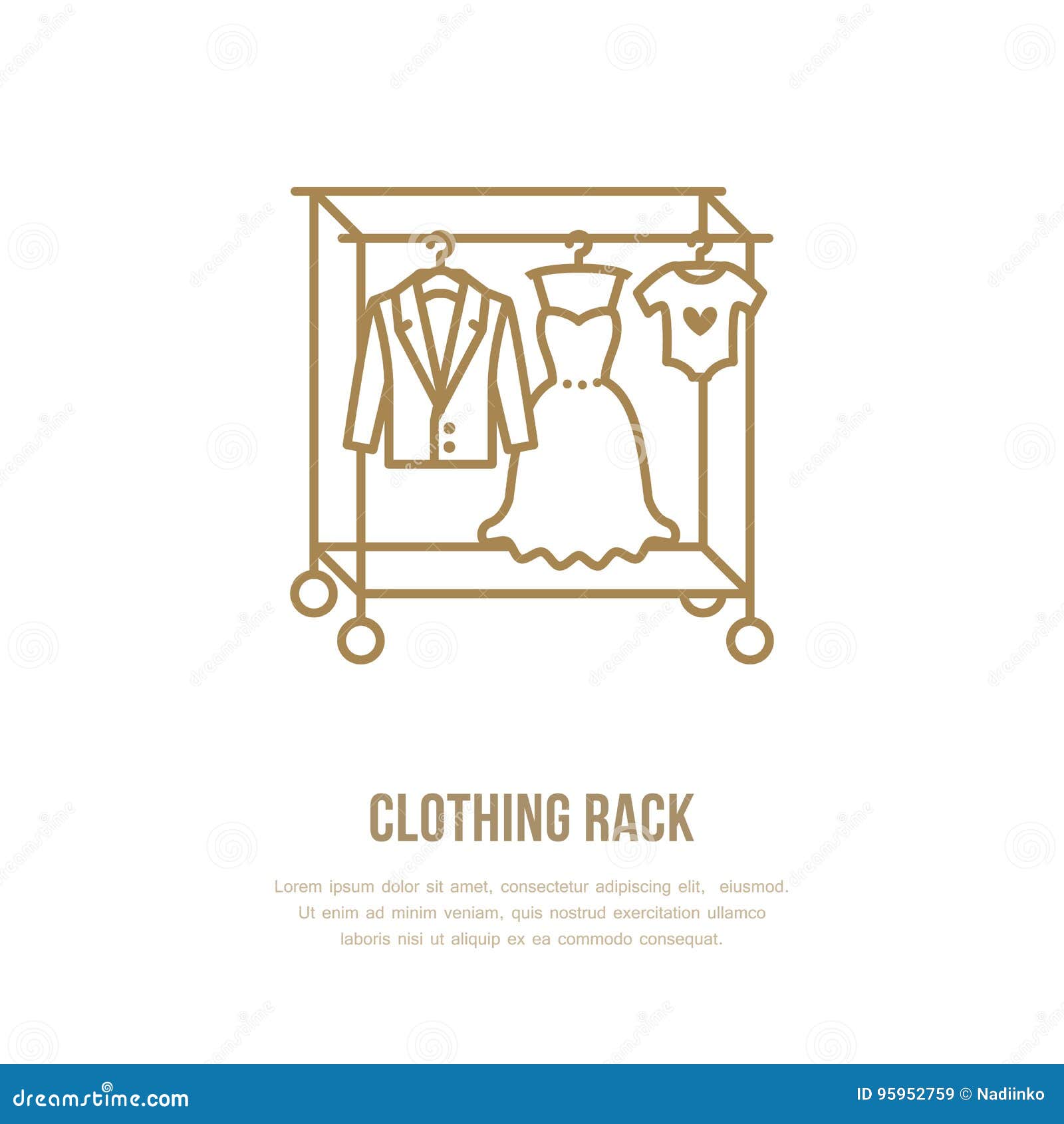 wedding dress, men suit, kids clothes on hanger icon, clothing rack line logo. flat sign for apparel collection