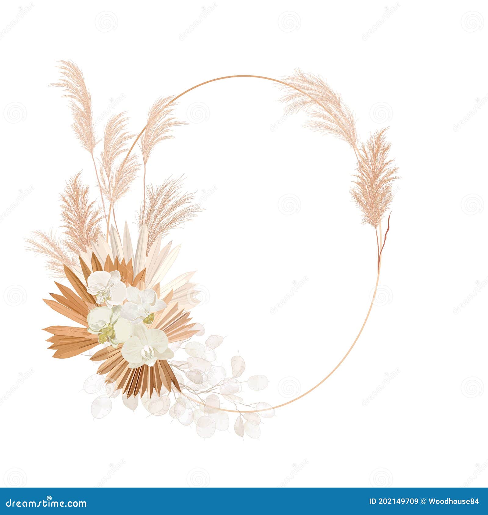 wedding dried lunaria, orchid, pampas grass floral wreath.  exotic dried flowers, palm leaves boho