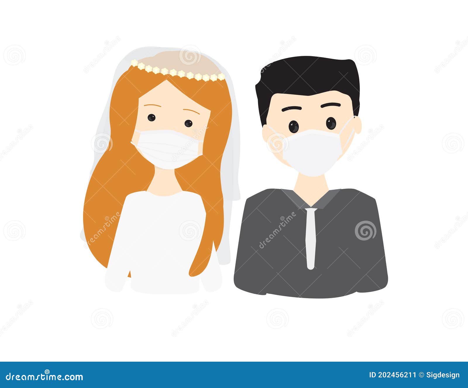 Young Broom and Bride Wearing Face Masks Stock Vector Illustration of health, covid 202456211