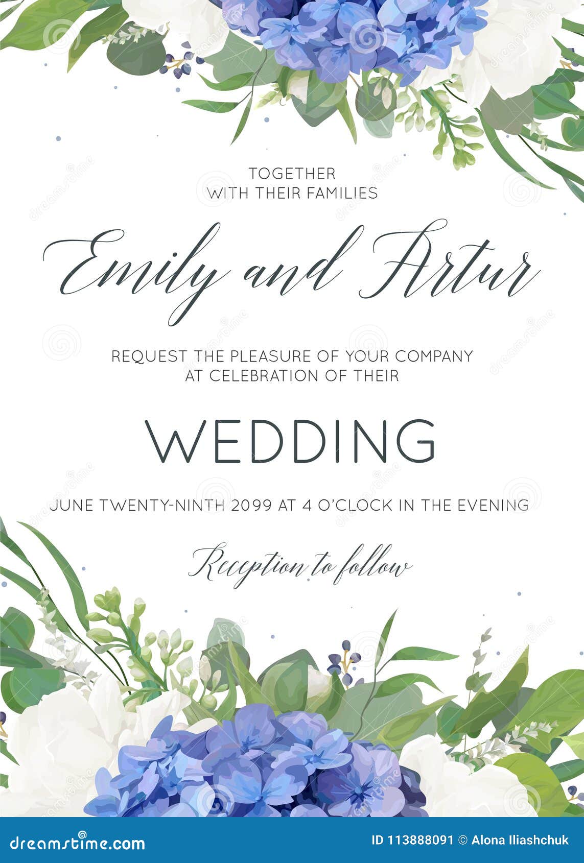 wedding floral invite, invitation, card  with elegant bouquet of blue hydrangea flowers, white garden roses, green eucalyptu