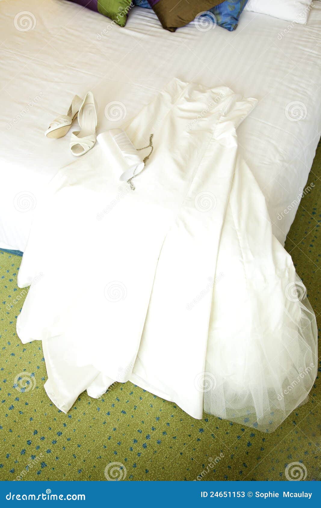 Wedding gown on bed stock image. Image of house, furniture 24651153