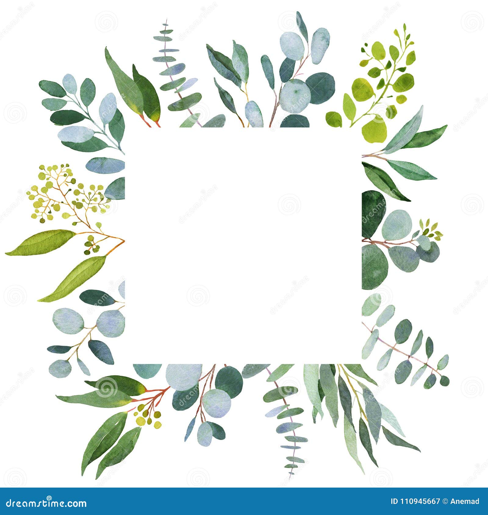 Wedding Greenery Square Template. Watercolor Illustration with E Stock Wedding Greenery Square Template. Watercolor Illustration with E Stock