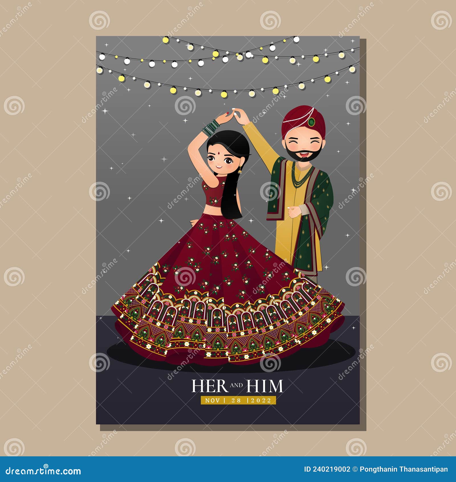 Cute Couple in Traditional Indian Dress Cartoon  Wedding  Invitation Card Stock Vector - Illustration of card, sari: 240219002