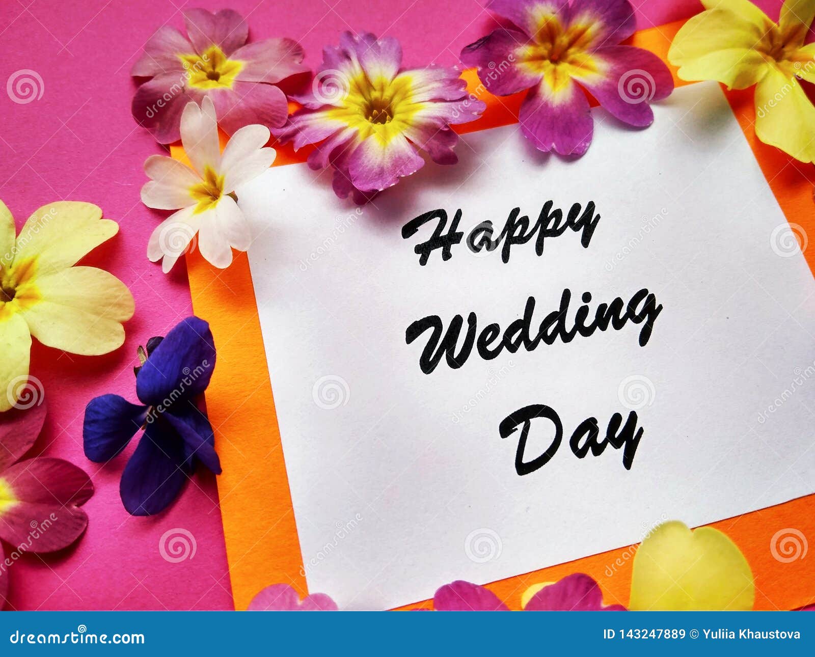 The Inscription Happy Wedding Day with Flowers on a Colored Background  Stock Image - Image of flower, decor: 143247889