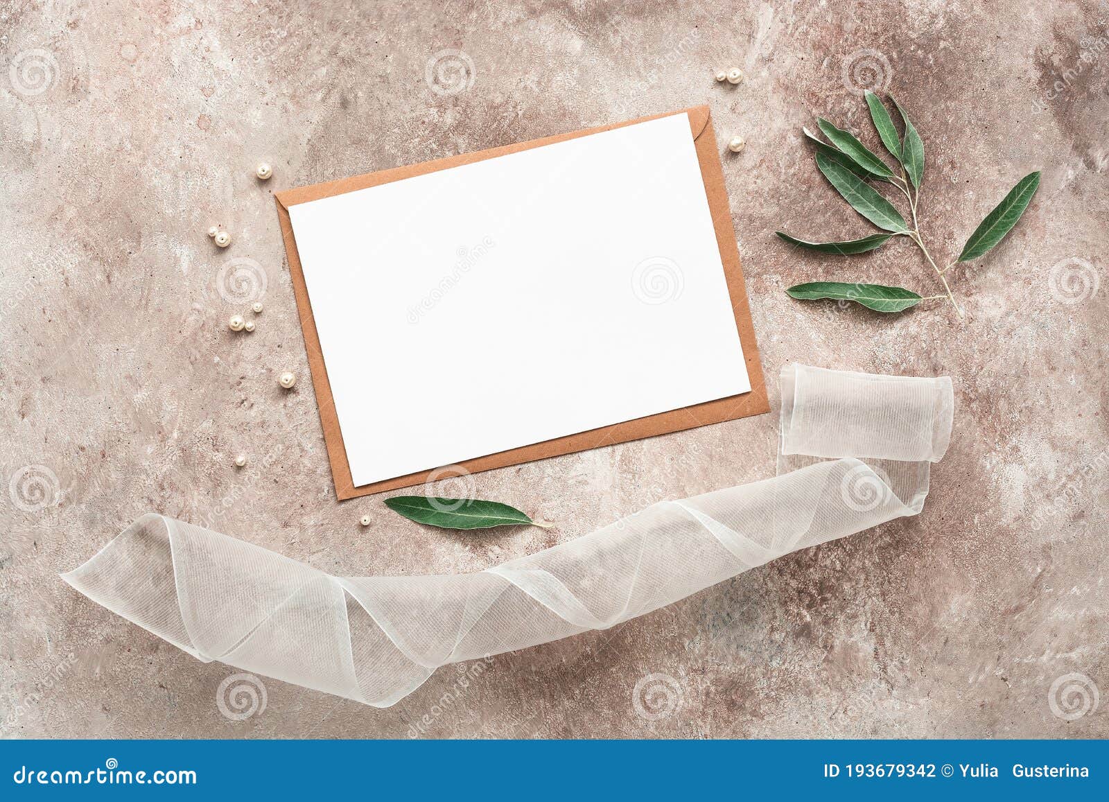Wedding Invitation with Accessories. Blank Card Mockup, Envelope, Silk  Ribbon, Olive Branch and Pearls. Female Workspace Template Stock Photo -  Image of copy, life: 193679342