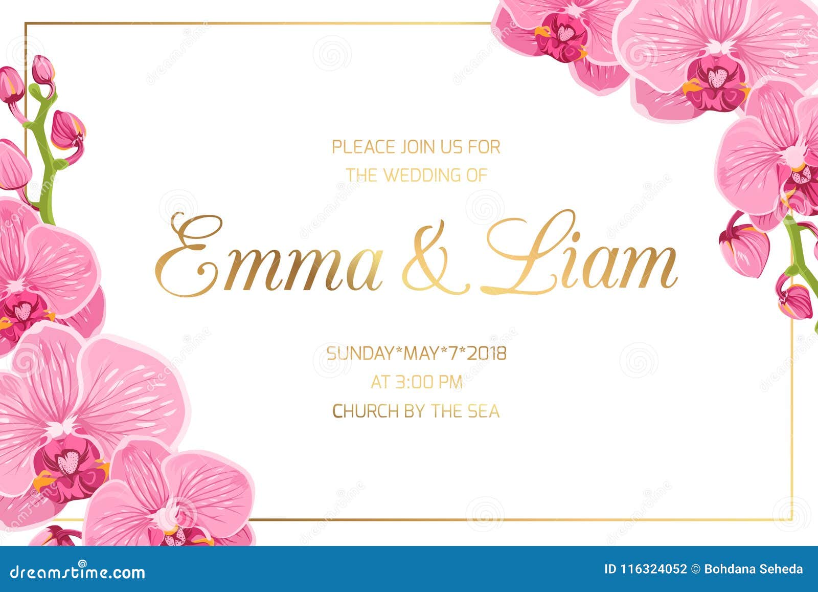 Wedding Invitation Border Frame Corner Pink Orchid Stock