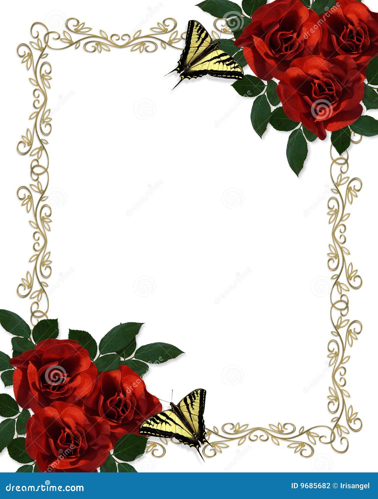 Wedding Invitation Border Red Roses Butterflies Stock 