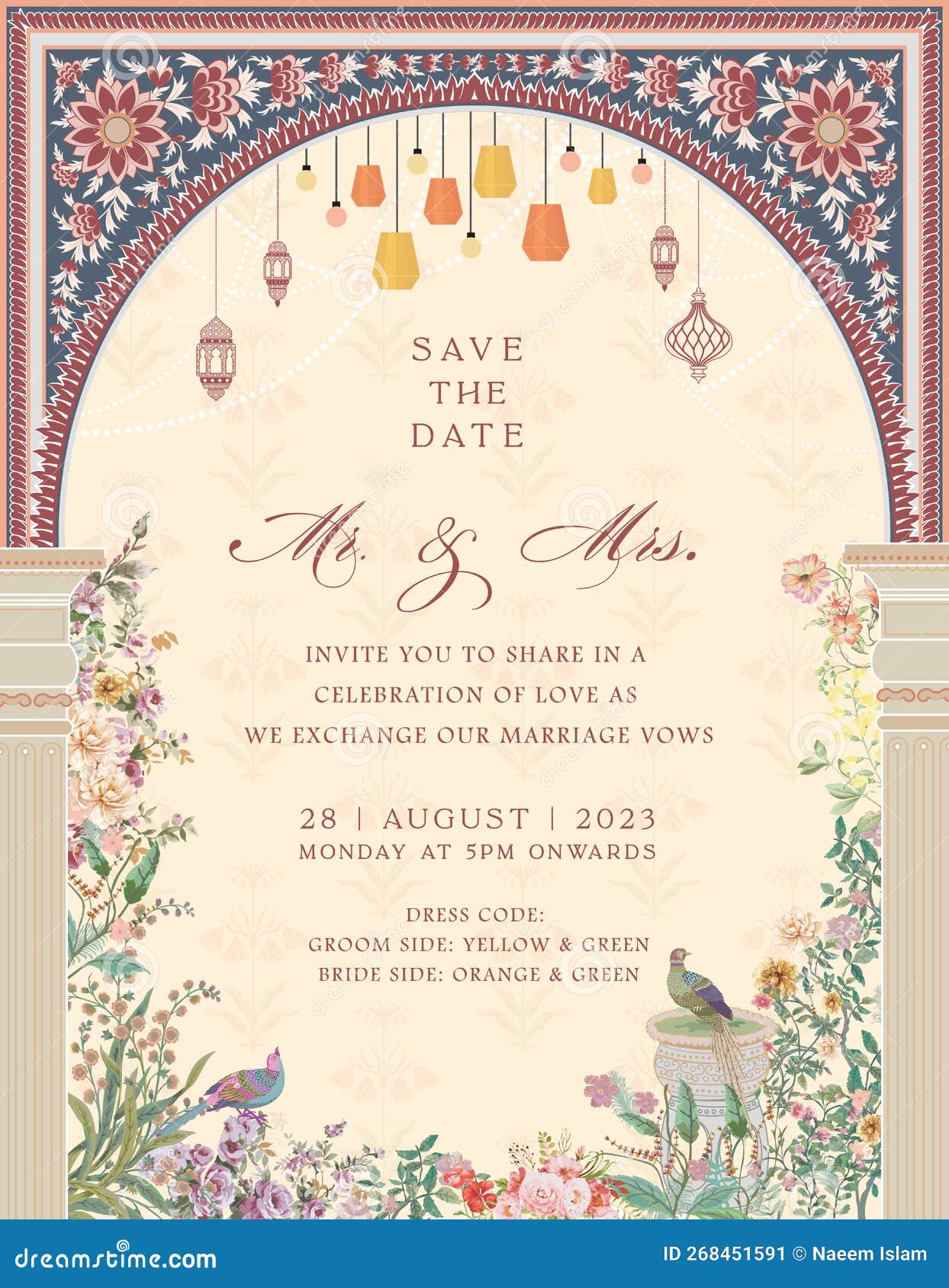 wedding invitation card . mughal arch with floral invitation card for printing.