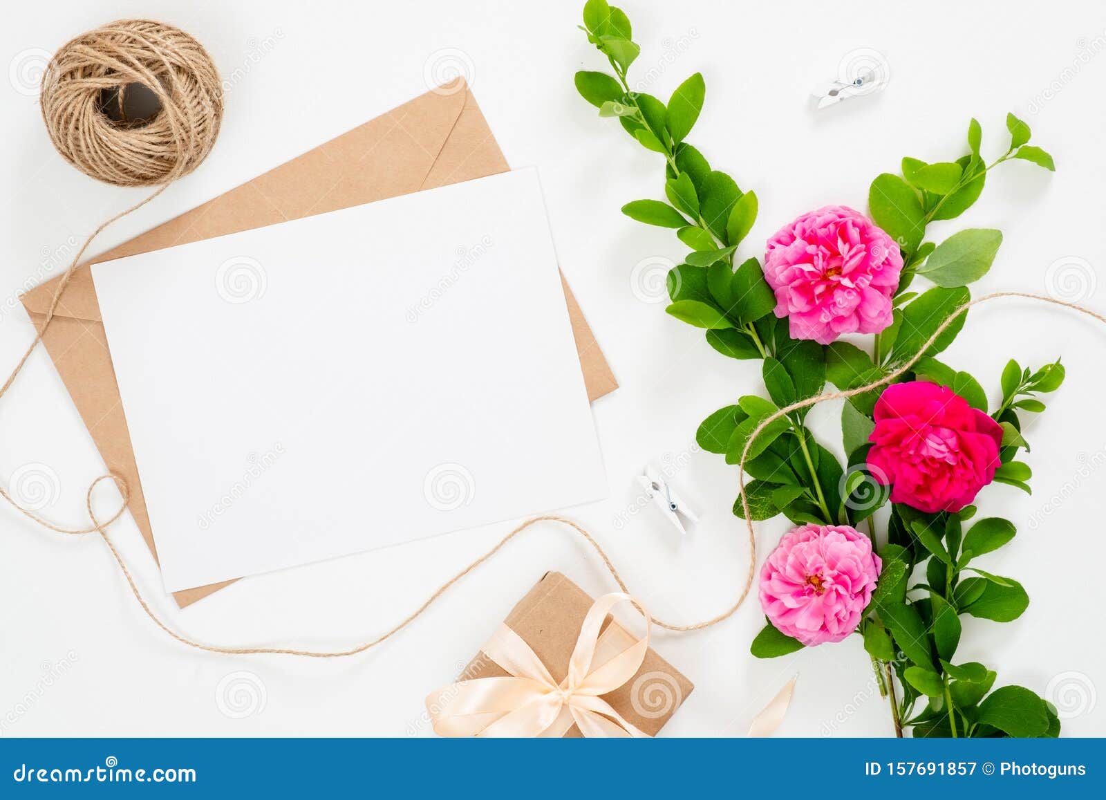 Wedding Invitation Card, Blank Paper Card, Craft Envelope, Ribbon and  Bouquet of Pink Rose Flowers on White Background. Minimal Stock Image -  Image of design, flatlay: 157691857