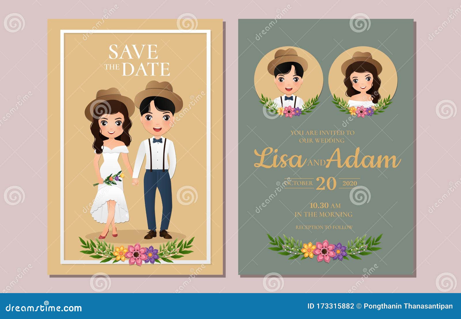 Wedding Invitation Card the Bride and Groom Cute Couple Cartoon ...