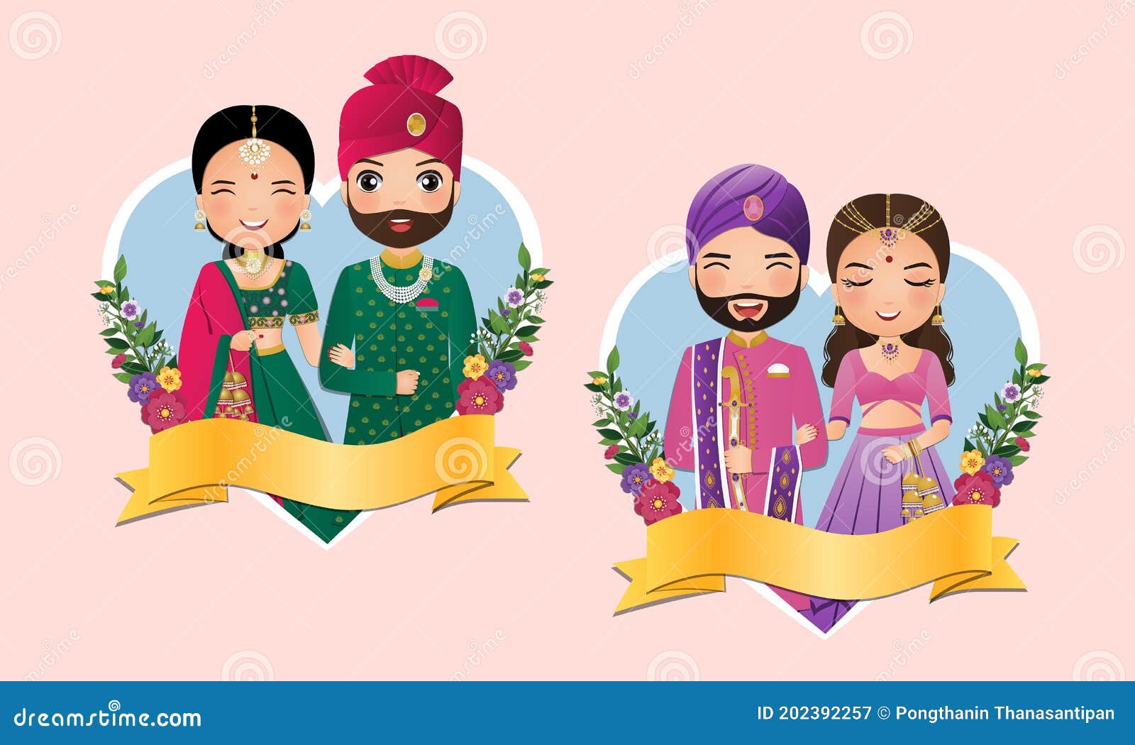 Wedding Invitation Card the Bride and Groom Cute Couple in Traditional  Indian Dress Cartoon Character Stock Vector - Illustration of design,  invitation: 202392257