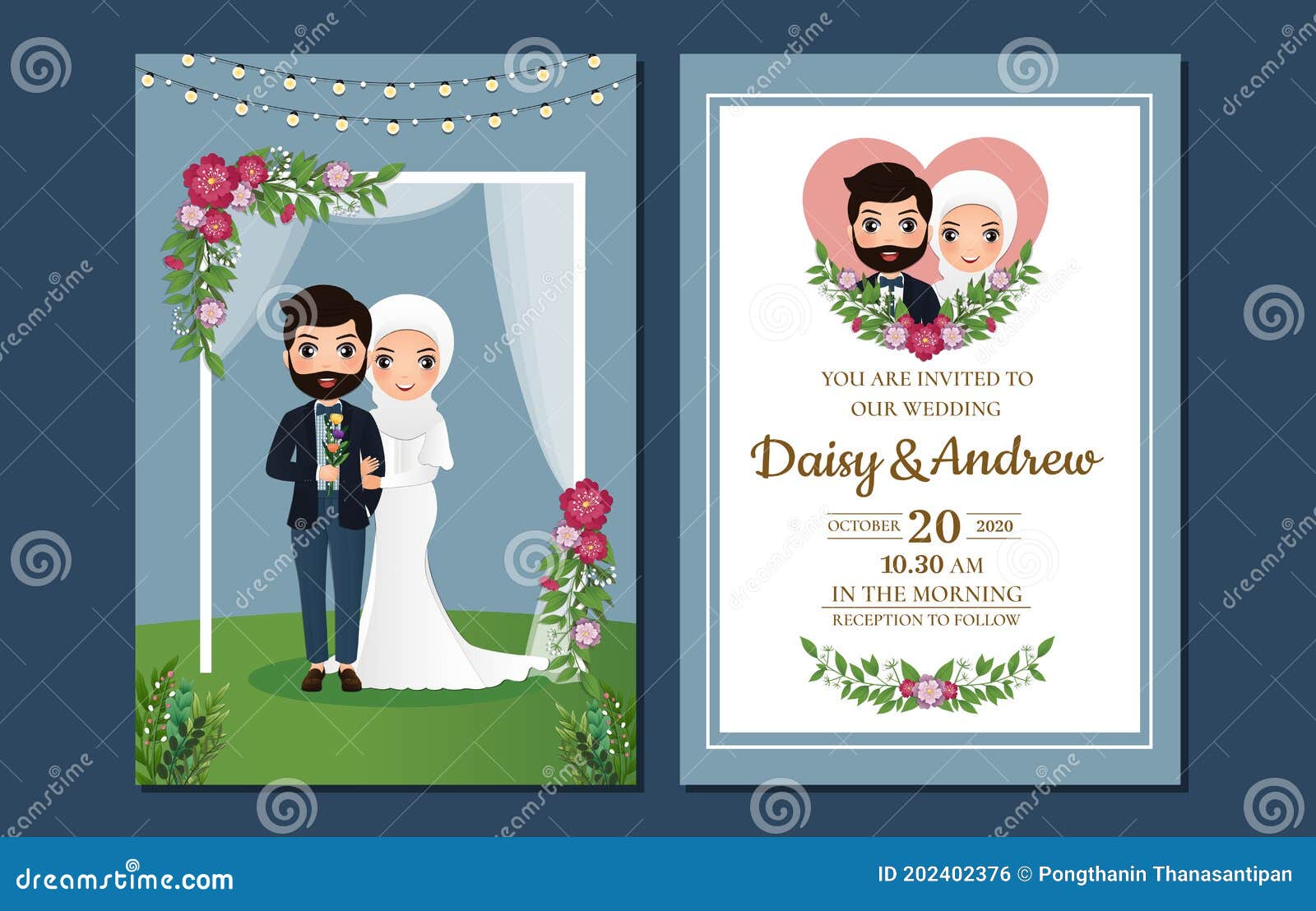 Wedding Invitation Card Template With Cute Groom And Bride Cartoon