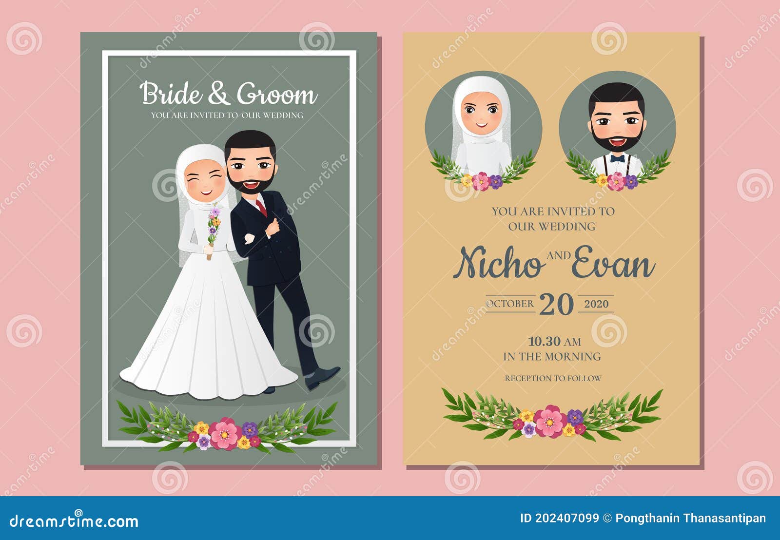 Wedding Invitation Card the Bride and Groom Cute Muslim Couple Cartoon with Beautiful Flowers Stock Vector - Illustration of couple, blossom: 202407099 Wedding Invitation Card the Bride and Groom Cute Muslim Couple Cartoon with Beautiful Flowers Stock Vector - Illustration of couple, blossom: 202407099
