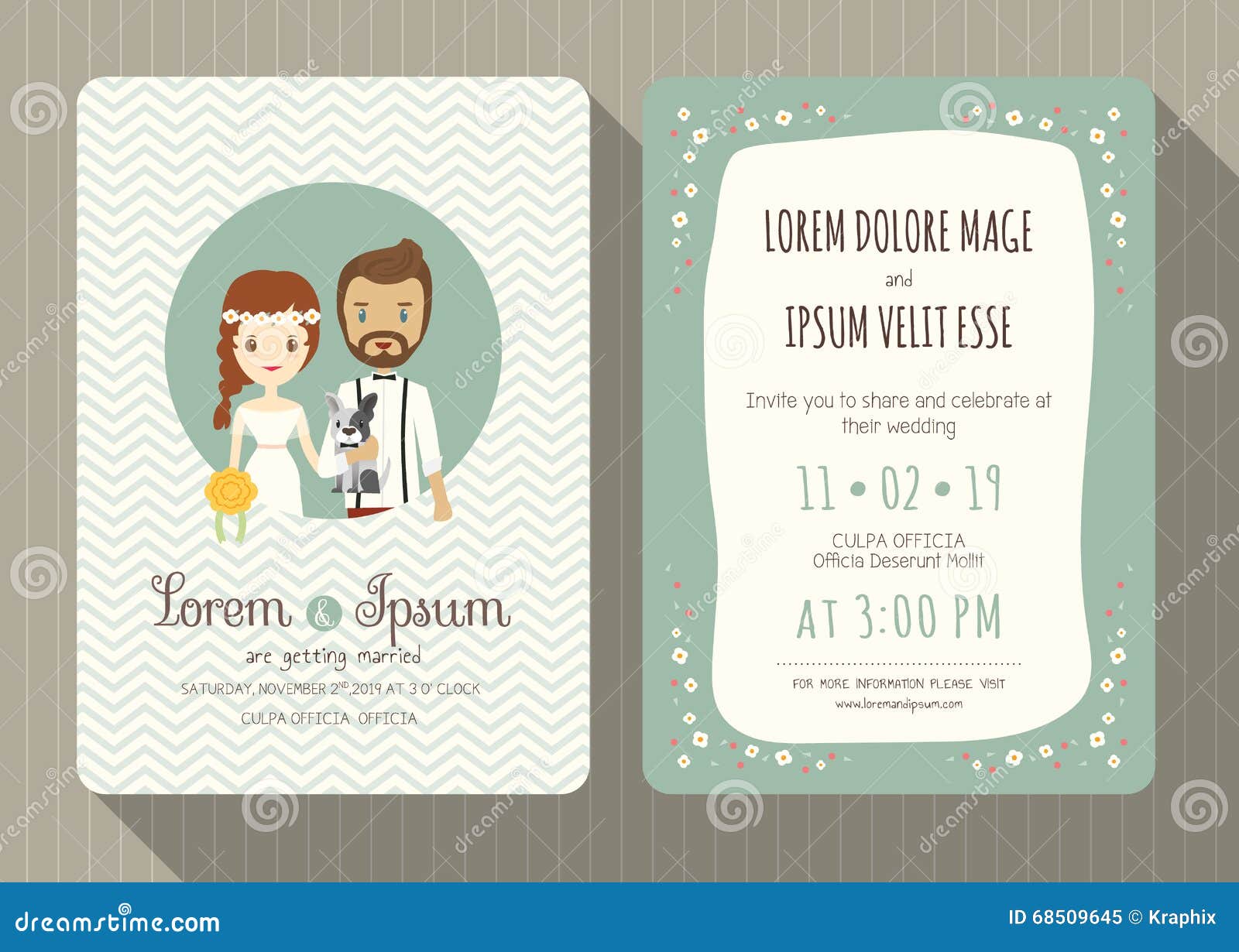 Wedding Invitation Card With Cute Groom And Bride Cartoon Illustration  68509645 - Megapixl