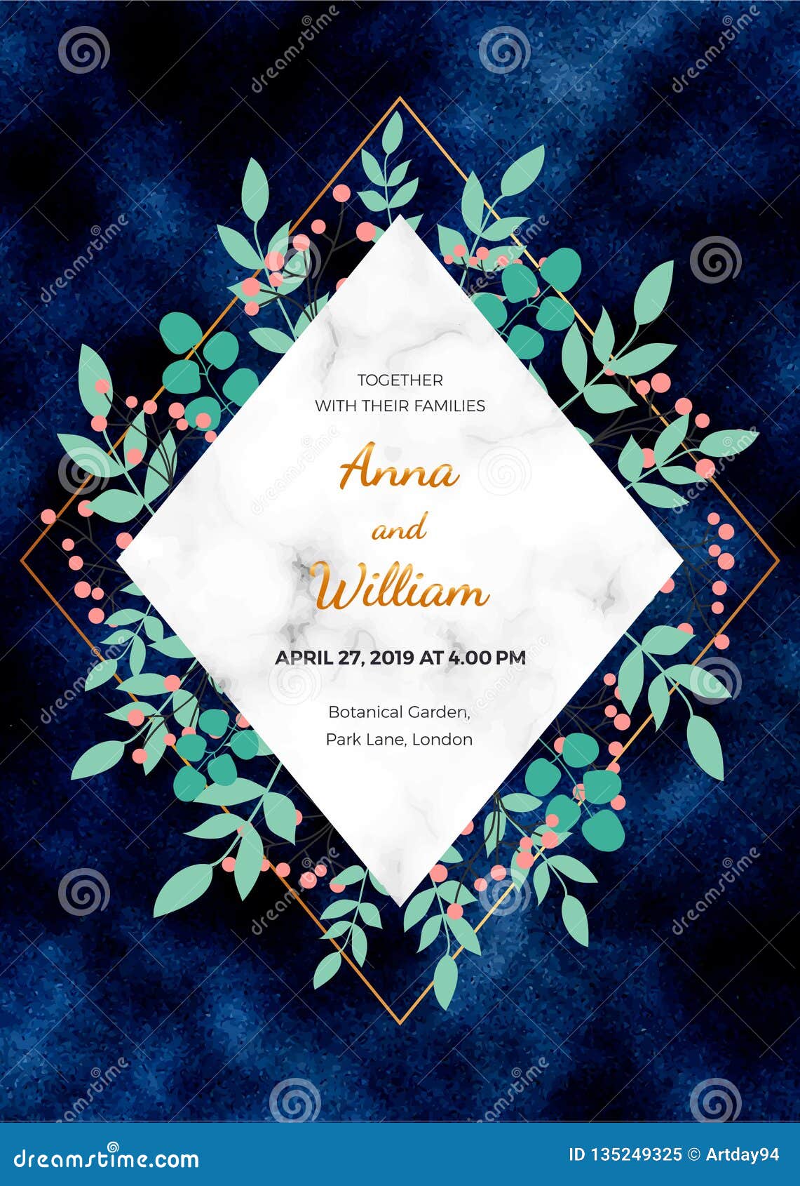 Wedding Invitation Card with Leaves on the Dark Blue Background. Magic  Night Design Template for Invite, Banner, Save the Date, Po Stock  Illustration - Illustration of border, blue: 135249325