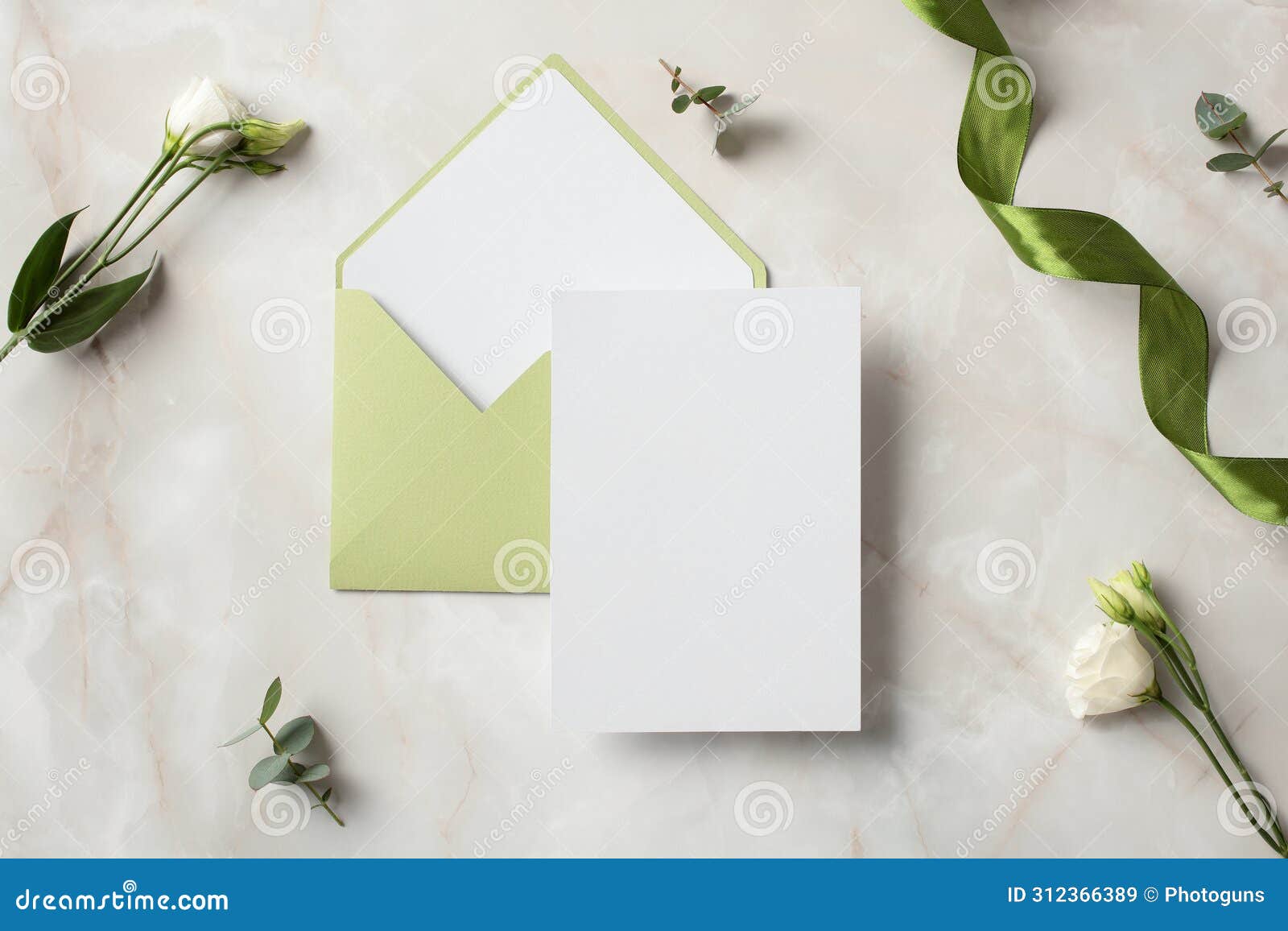 Wedding Invitation Card Mockup with Olive Envelope on Stone Table Top
