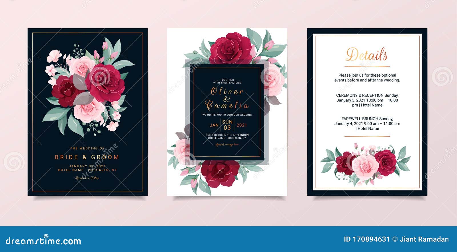 Wedding Invitation Card Template Set with Flowers Decoration and In Farewell Invitation Card Template