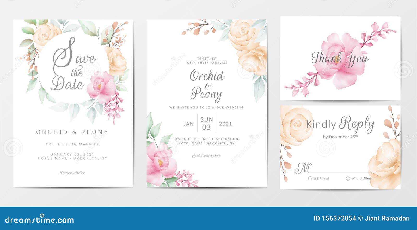 wedding invitation cards template set of elegant watercolor flowers