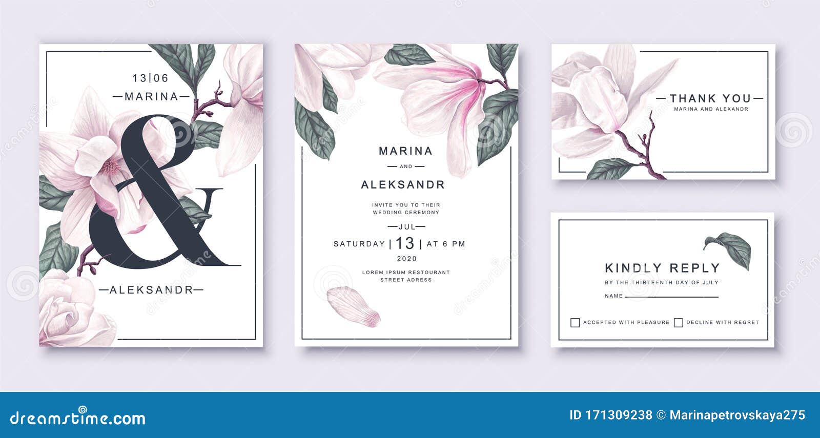 .botanical wedding invitation card template , white magnolia flowers and leaves.