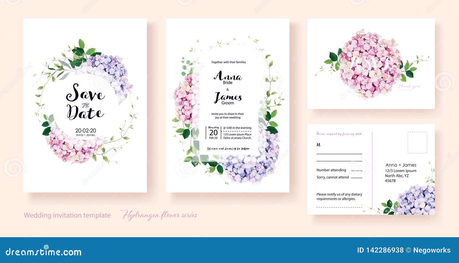 wedding invitation, save the date, thank you, rsvp card  template. . hydrangea flowers, ivy plants.