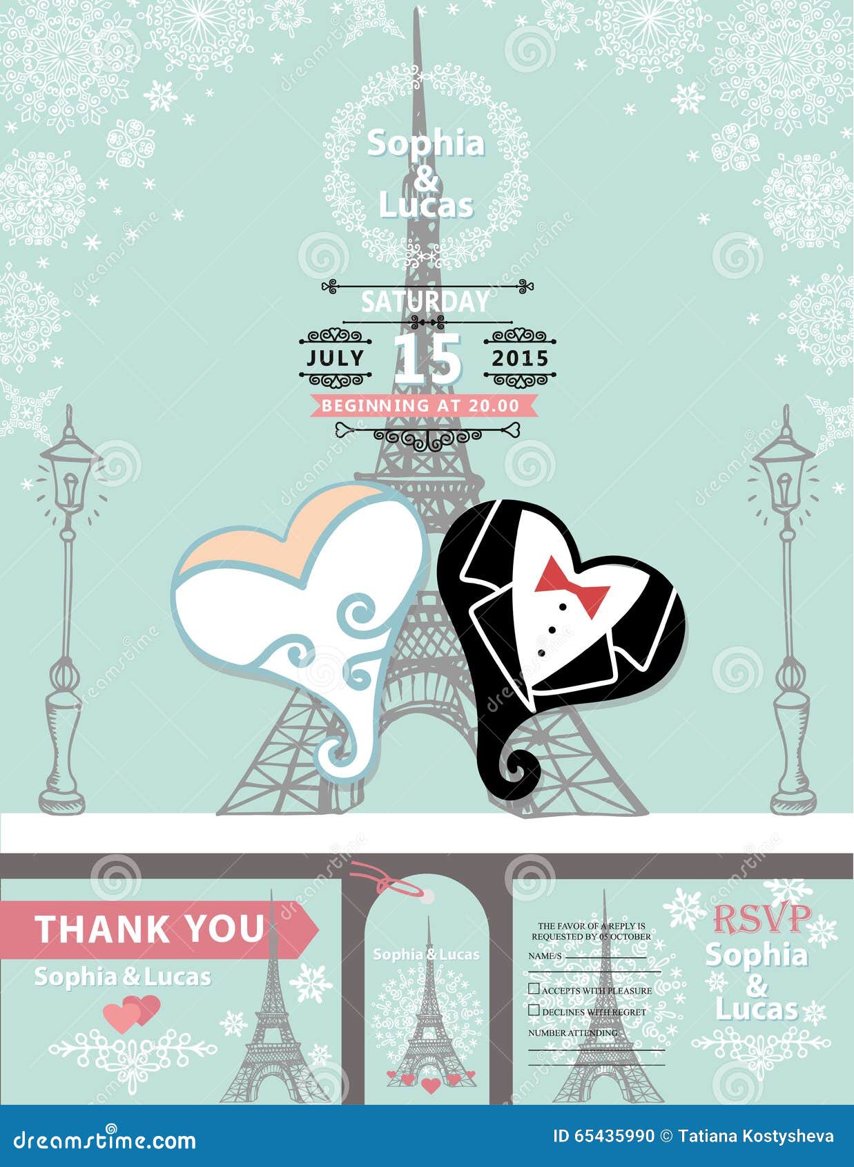 Wedding Invitations Bride Groom Hear Paris Winter Stock Vector