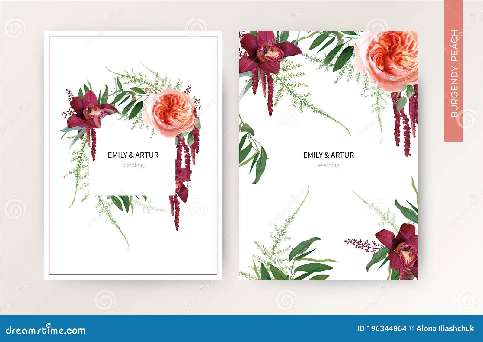 Wedding Invite Card, Tropical Invitation Vector Design. Pale Peach Roses,  Burgundy Red Orchid, Amaranth Flowers, Wild Greenery Stock Vector -  Illustration of nature, celebration: 196344864