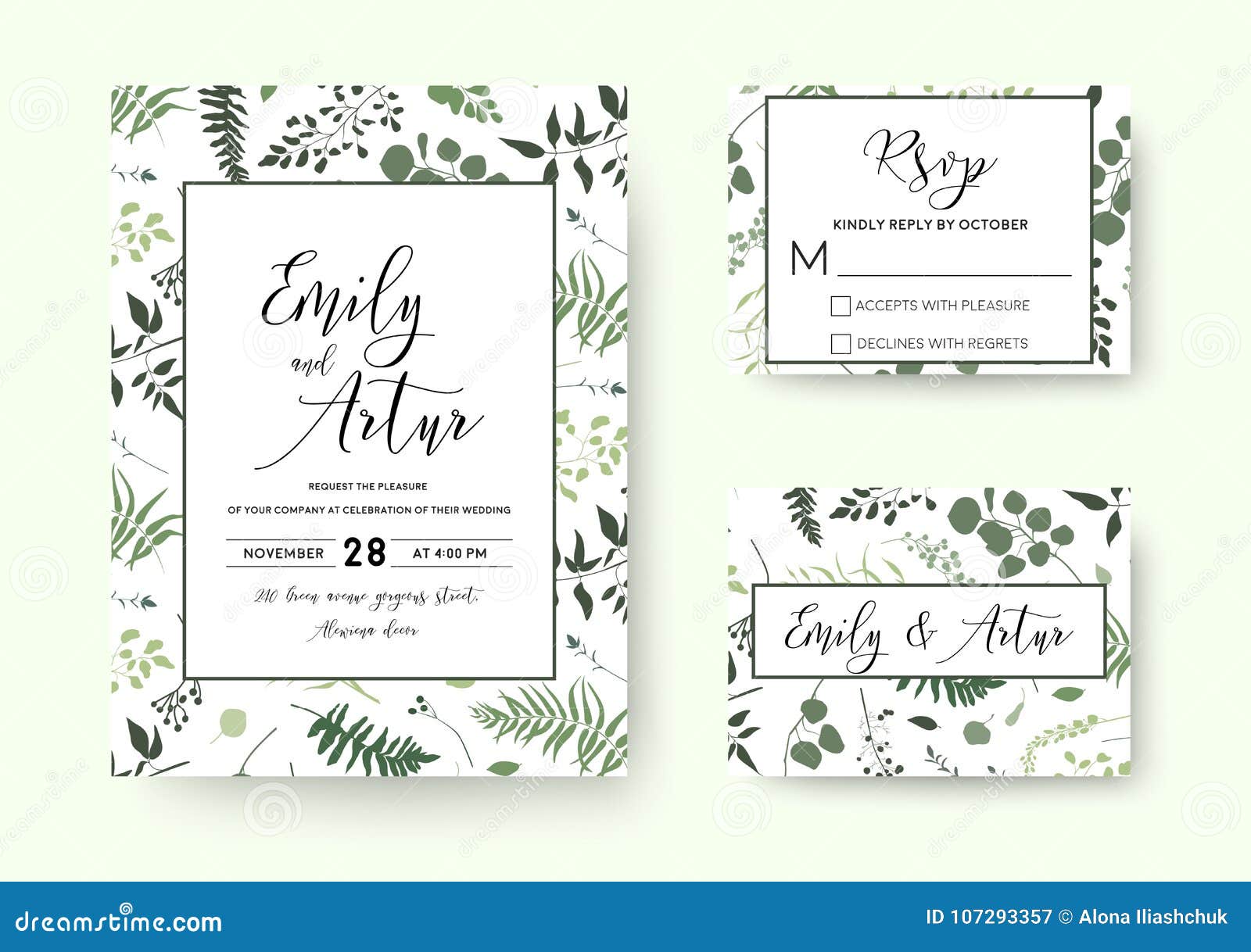 wedding invite, invitation rsvp card  floral greenery silhouette : palm fern tree, foliage natural branches, green le