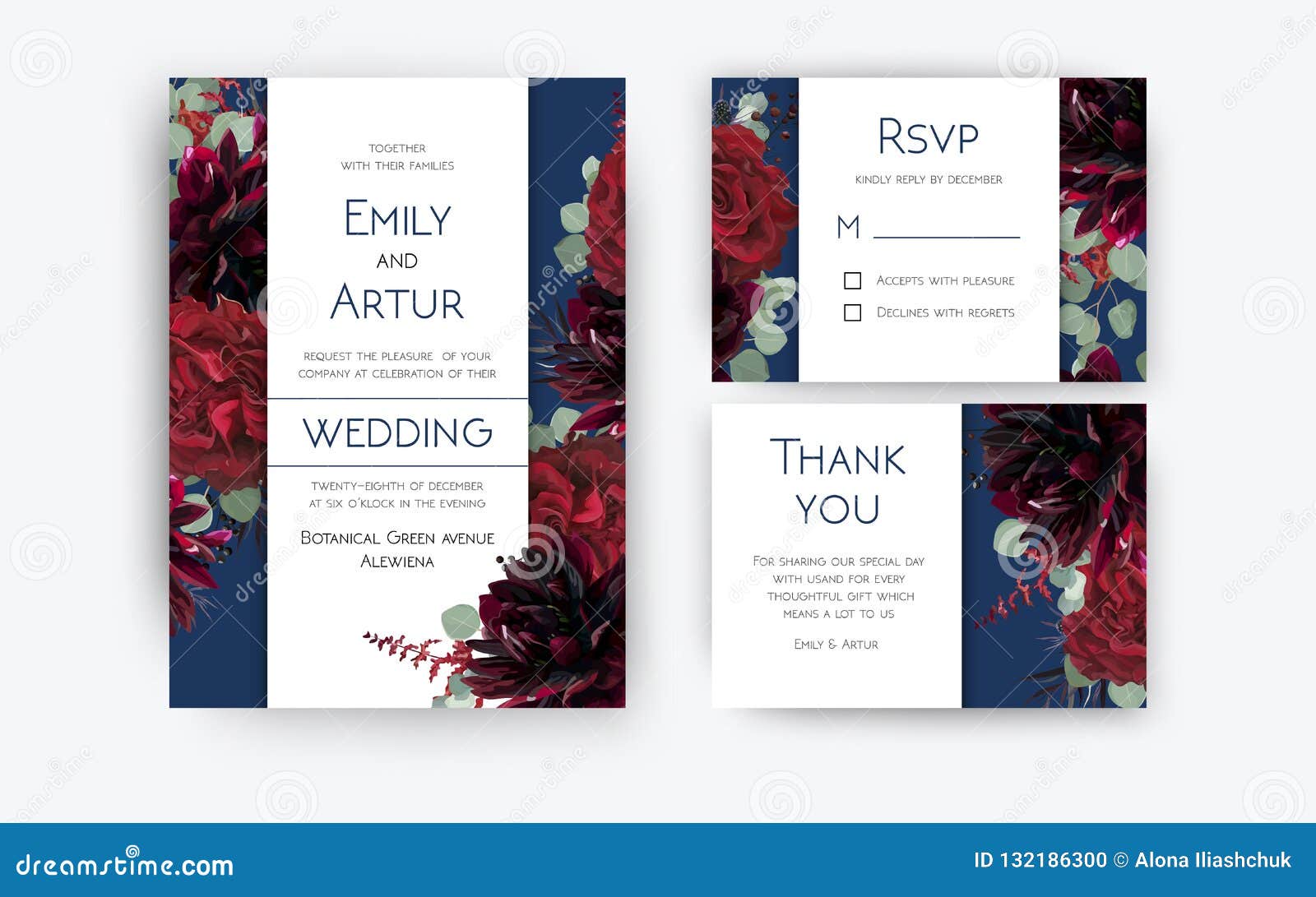 wedding invite invitation, rsvp, thank you card floral color . red rose flowers, dahlias, eucalyptus silver dollar branches