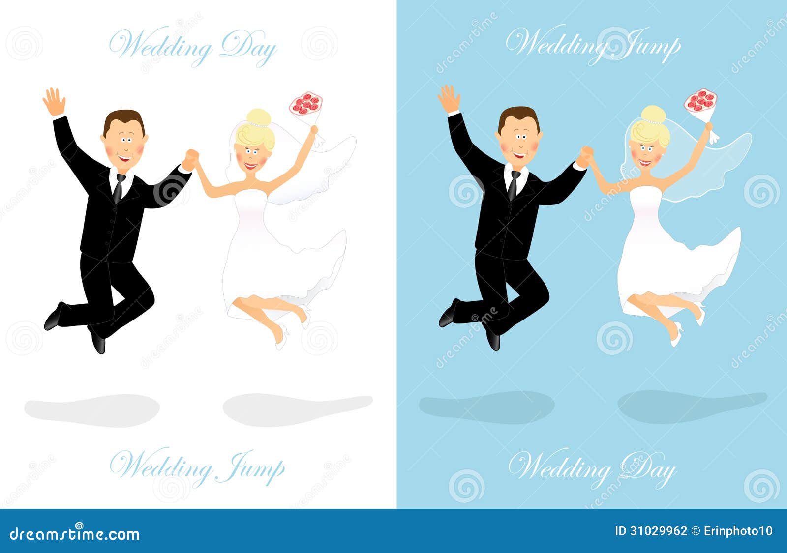 Set of happy wedding couples of caucasian bride and groom while doing wedding jump