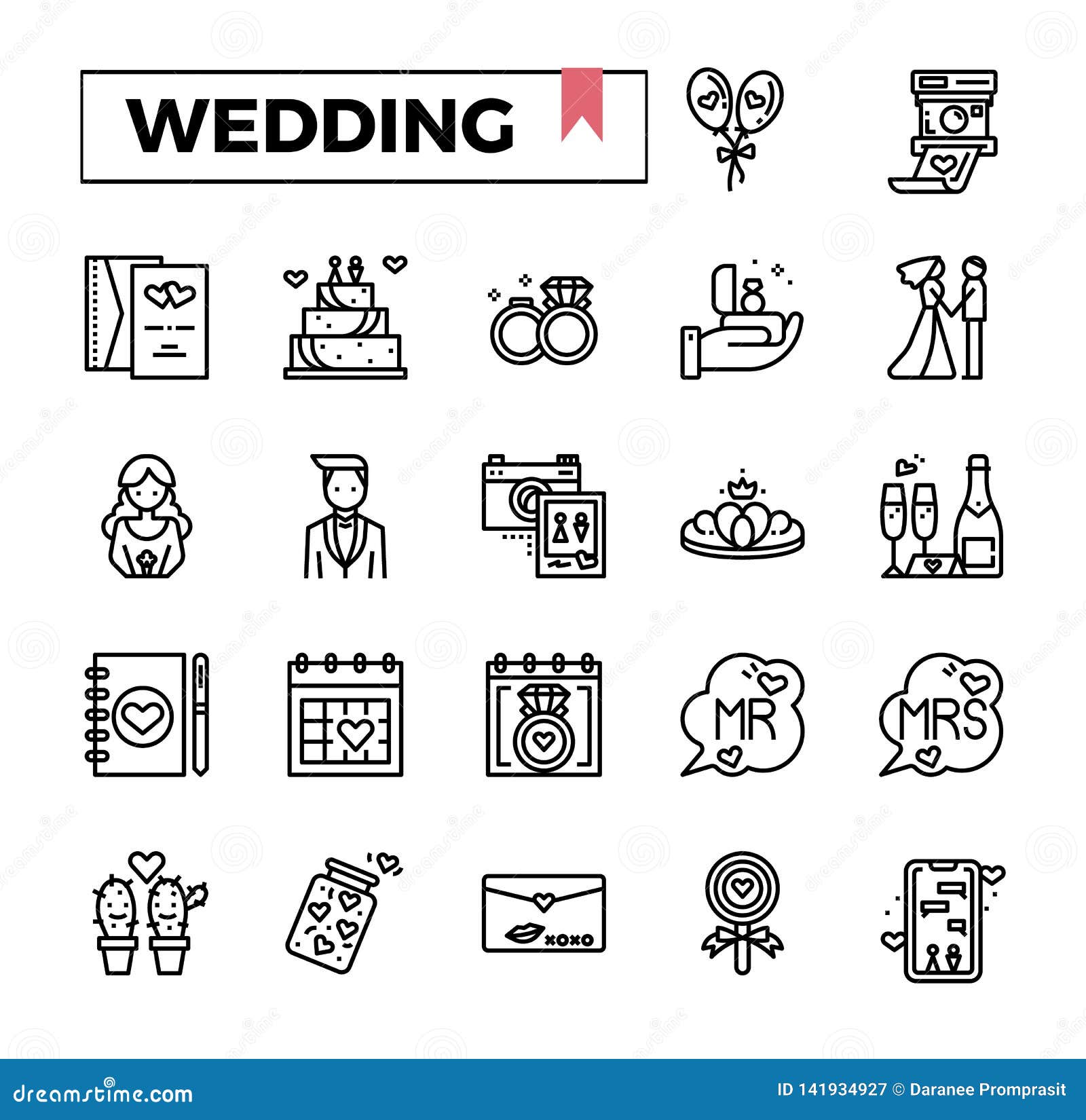 Download Wedding outline icon set. stock vector. Illustration of bride - 141934927