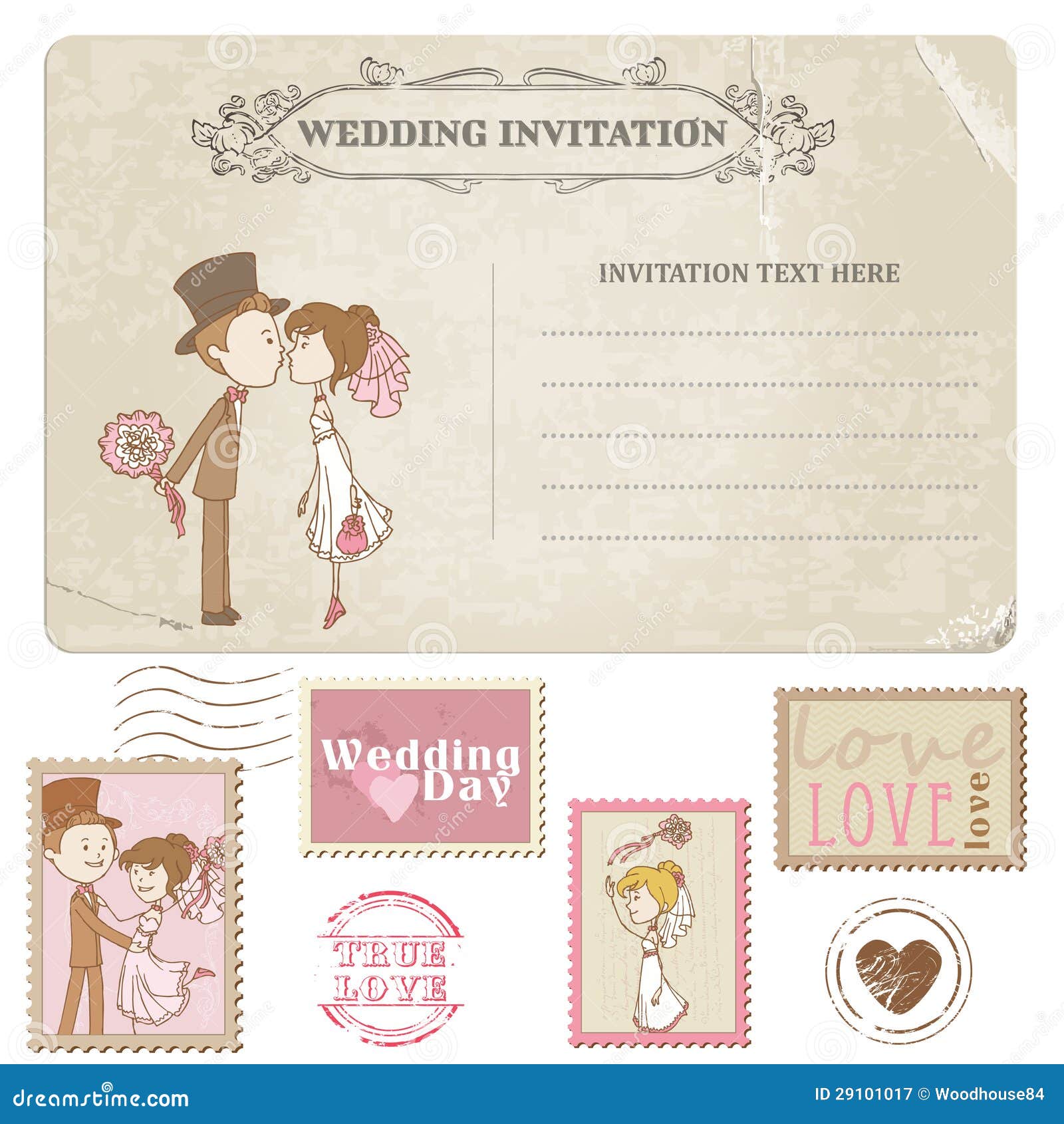 Wedding Postcard and Postage Stamps Stock Vector Illustration of kiss