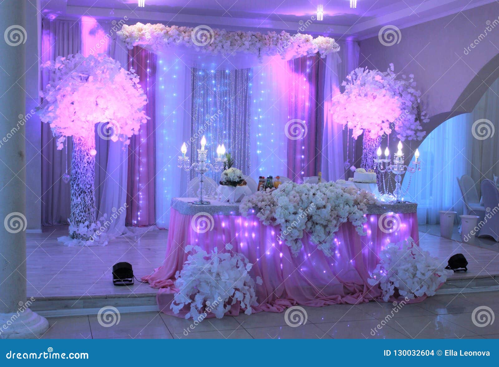 Wedding Reception Decoration In White And Pink Colours Stock