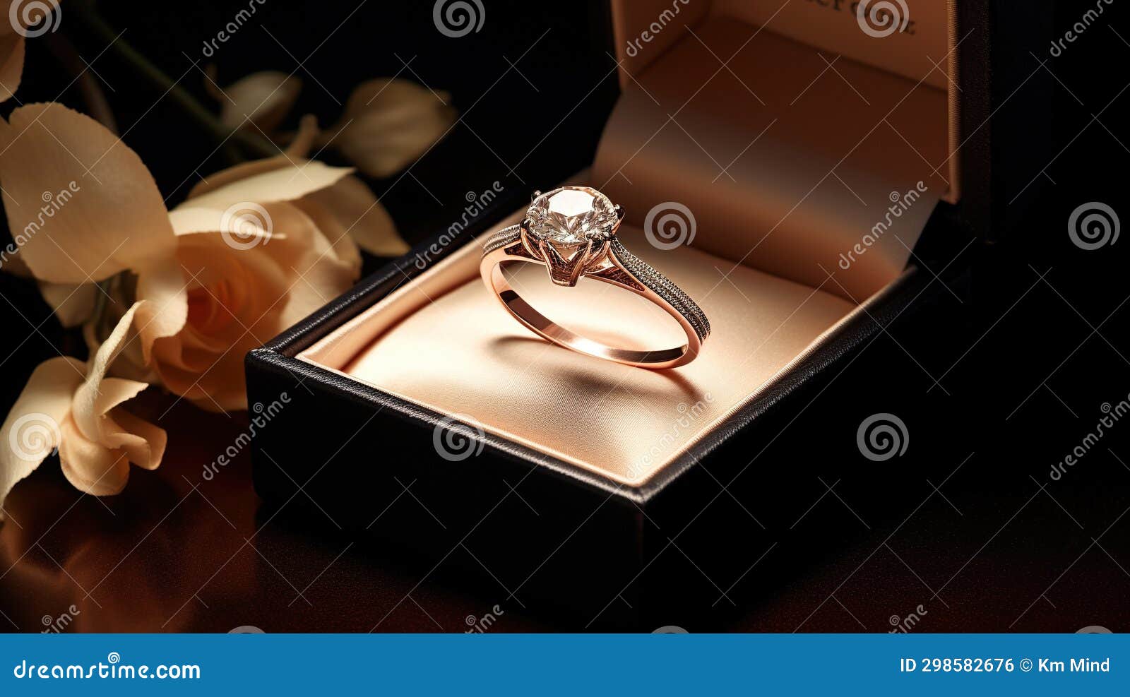 Wedding Ring in a Gift Box on a Dark Background. Generative AI Stock
