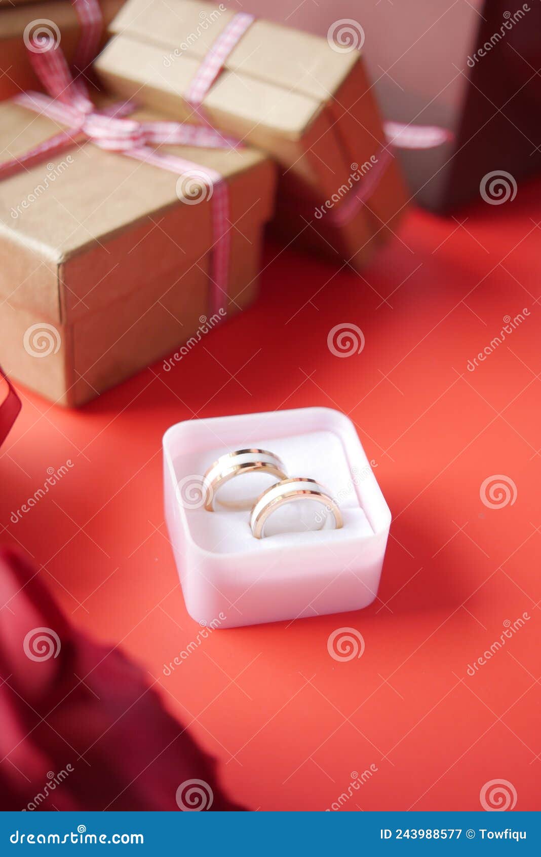 Wedding Ring and Gift Box and Rose Flower on Red Stock Image Image of