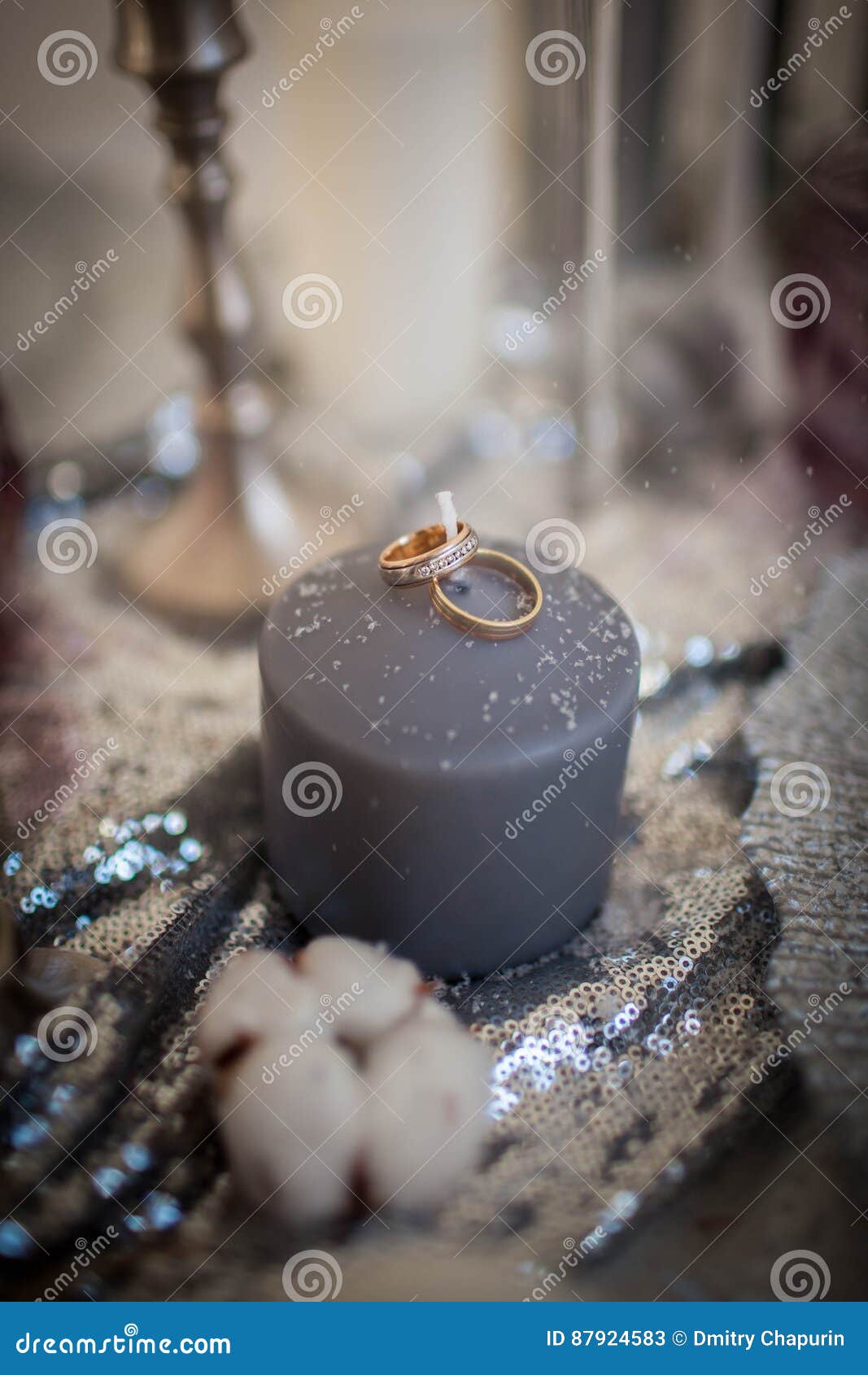 Wedding Rings on a Candle. Decorations Sprinkled with Snow Stock Image