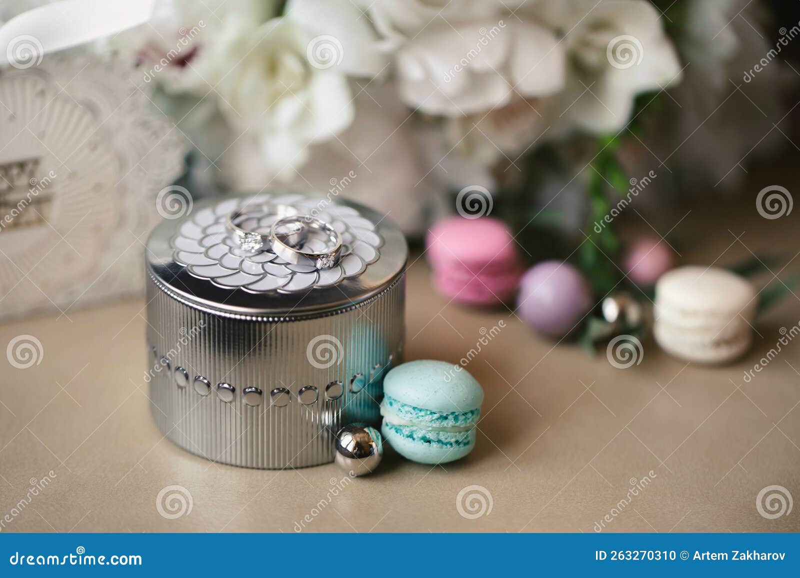 Wedding Rings, Gift Box and Flowers for the Bride Stock Photo Image of engagement, fashion
