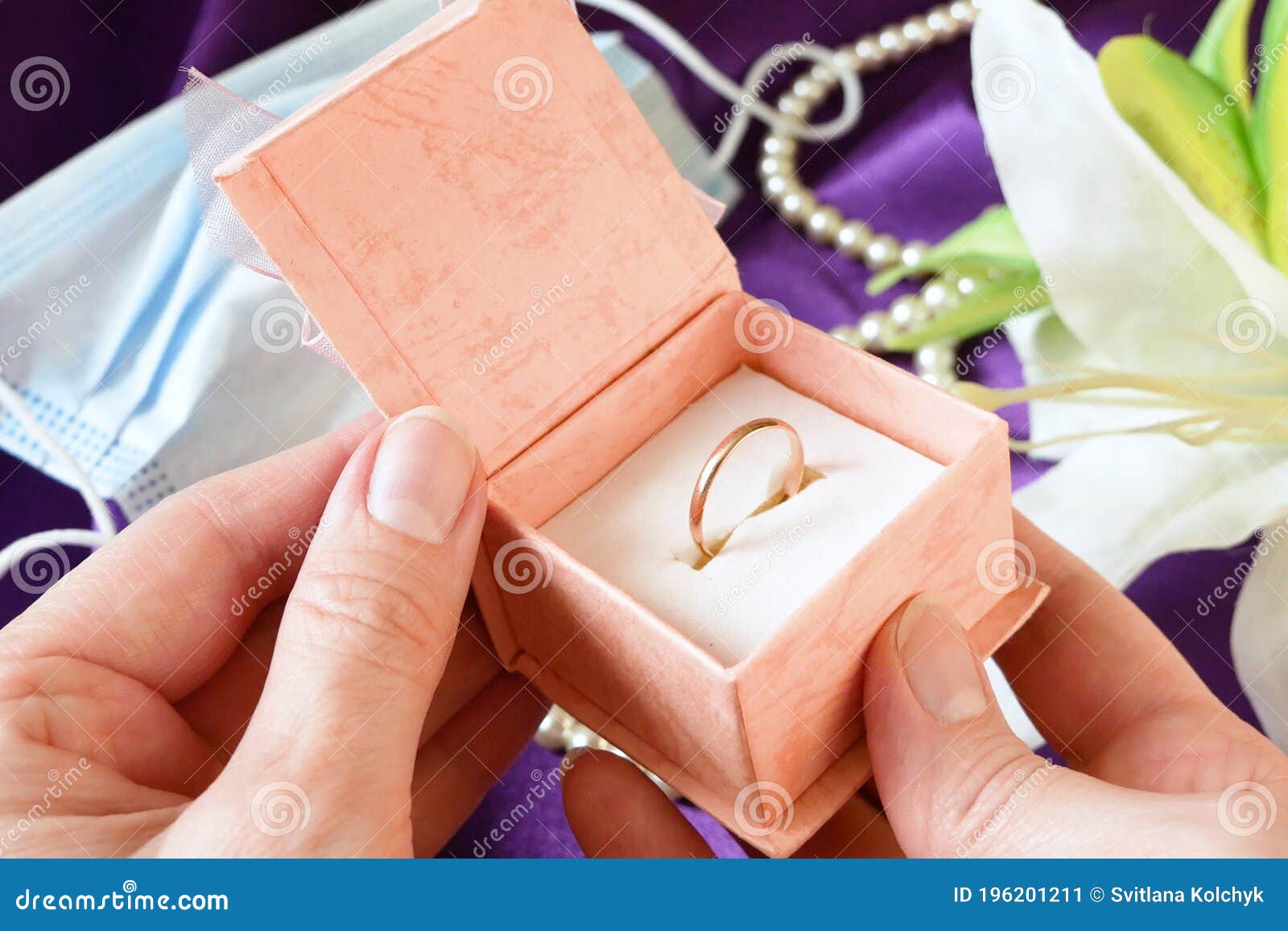 Wedding Rings in a Gift Box with Flowers and Pearl Necklace Stock Image