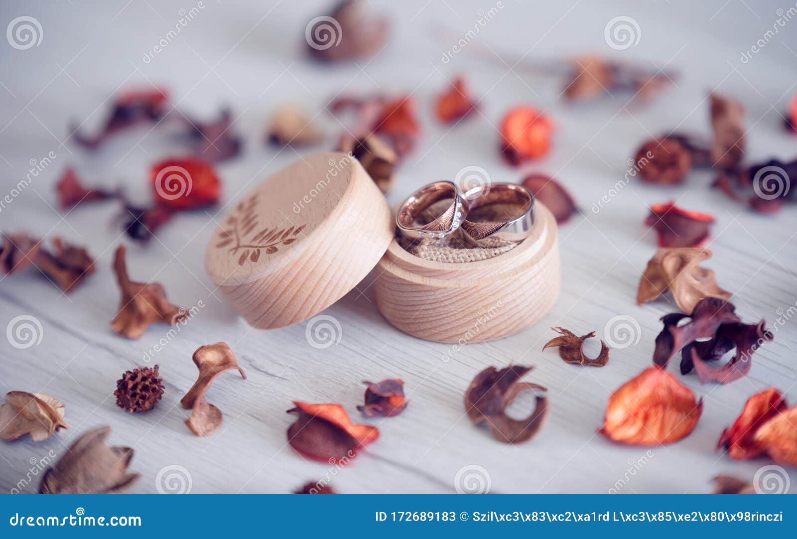 Wedding Rings on Table with Decoration Stock Image Image of flower