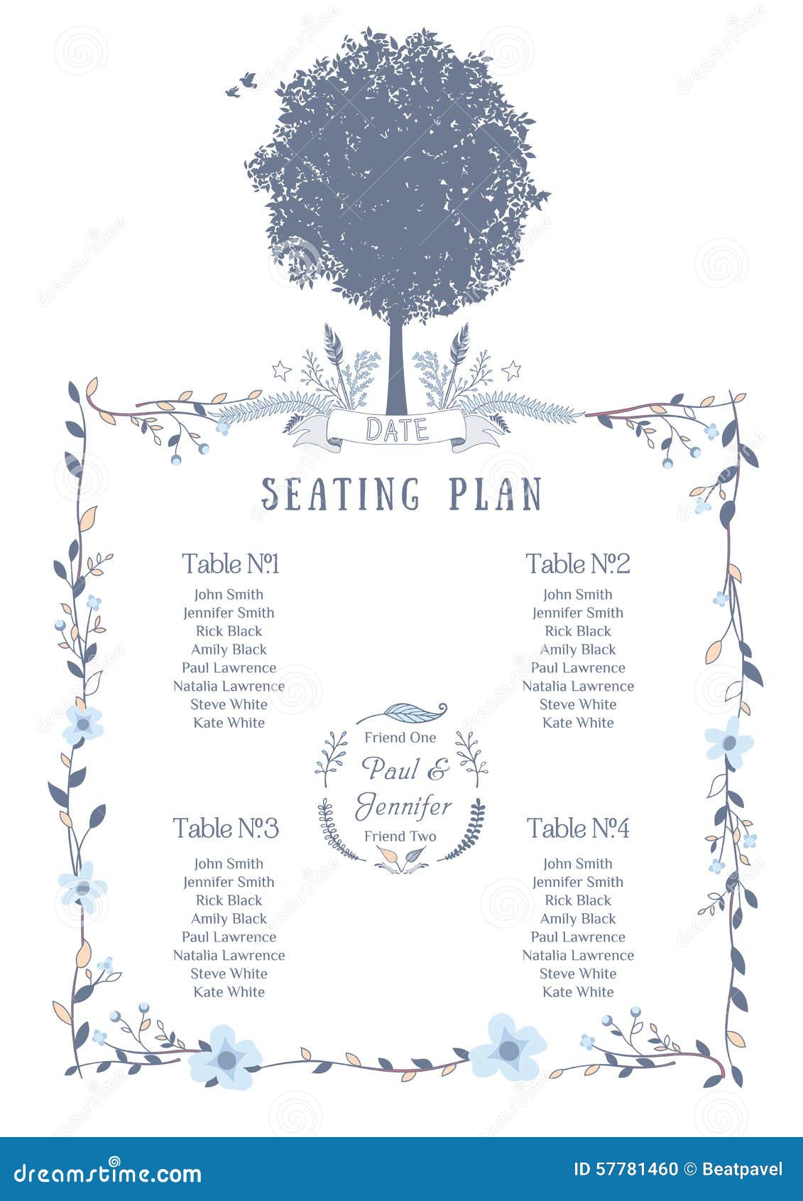 wedding seating chart includes tables list tree birds floral frame vector illustration flat design 57781460